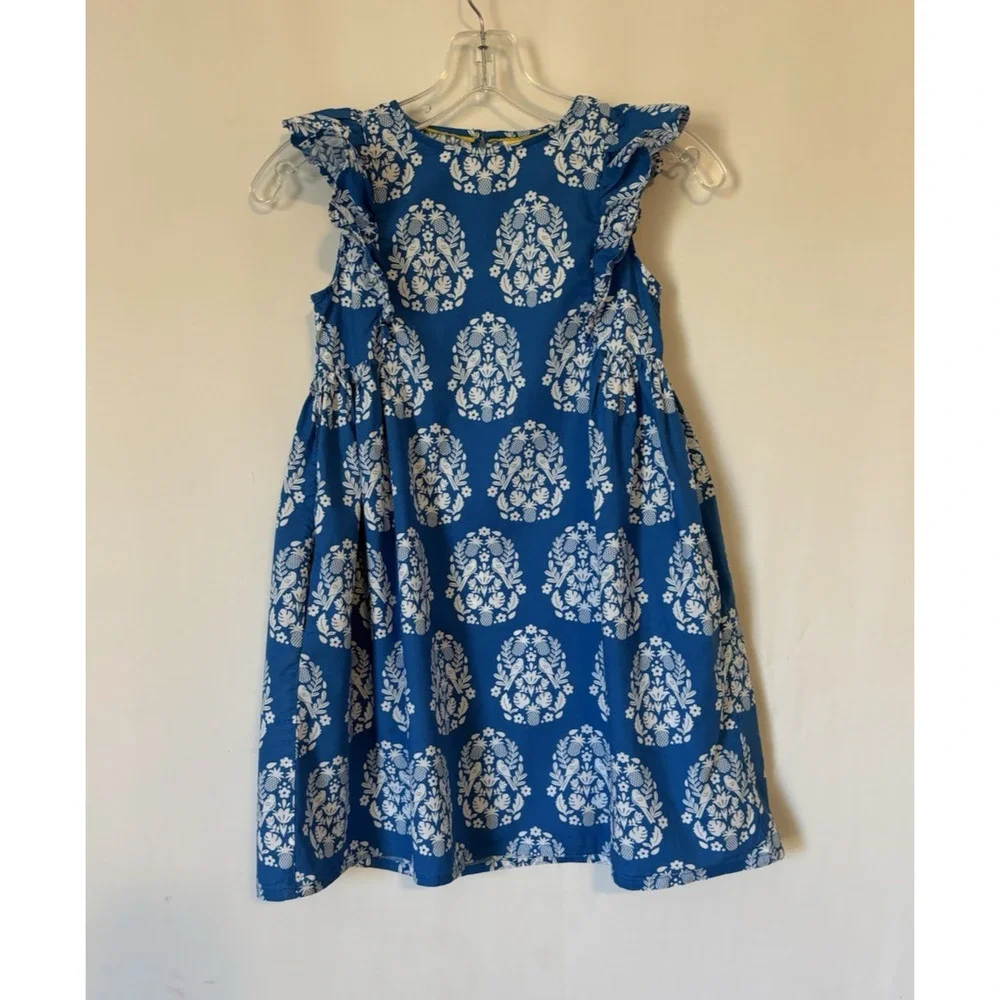Mini Boden 9 10 Y Blue Floral Aline Cotton Sleeveless Ruffles Pockets